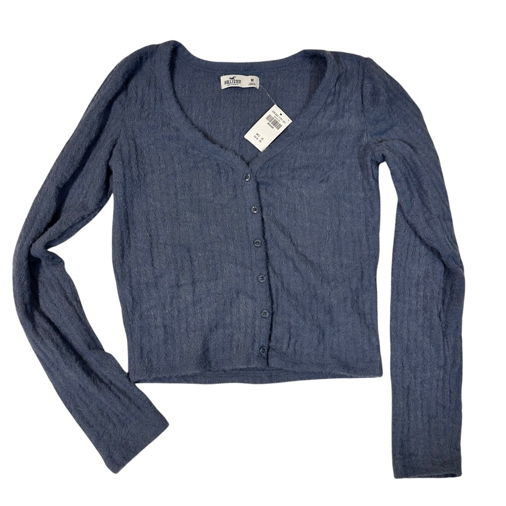 Hollister Womens Blue Fuzzy Knit V-Neck Button Front Cardigan Sweater Medium NEW